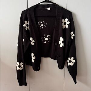 H&M Black Cardigan with White Floral Design